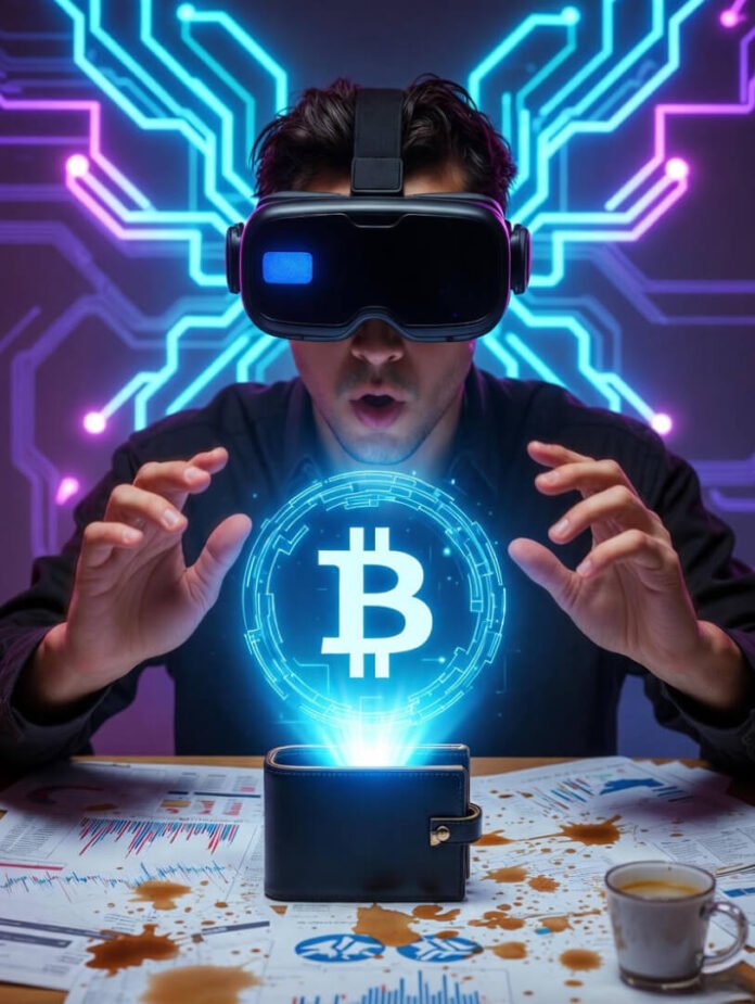 a surprised beginner investor at a cluttered desk with glowing holographic crypto coins emerging from a secure wallet,