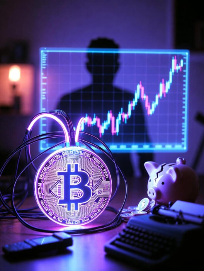 a glowing Bitcoin symbol hovering over a volatile candlestick chart, a shadowy trader at a cluttered desk with multiple screens,