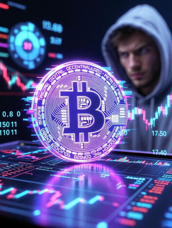 Bitcoin coin with glitchy neon edges hovering over a cluttered desk, multiple trading screens showing red and green candlestick charts in the background,