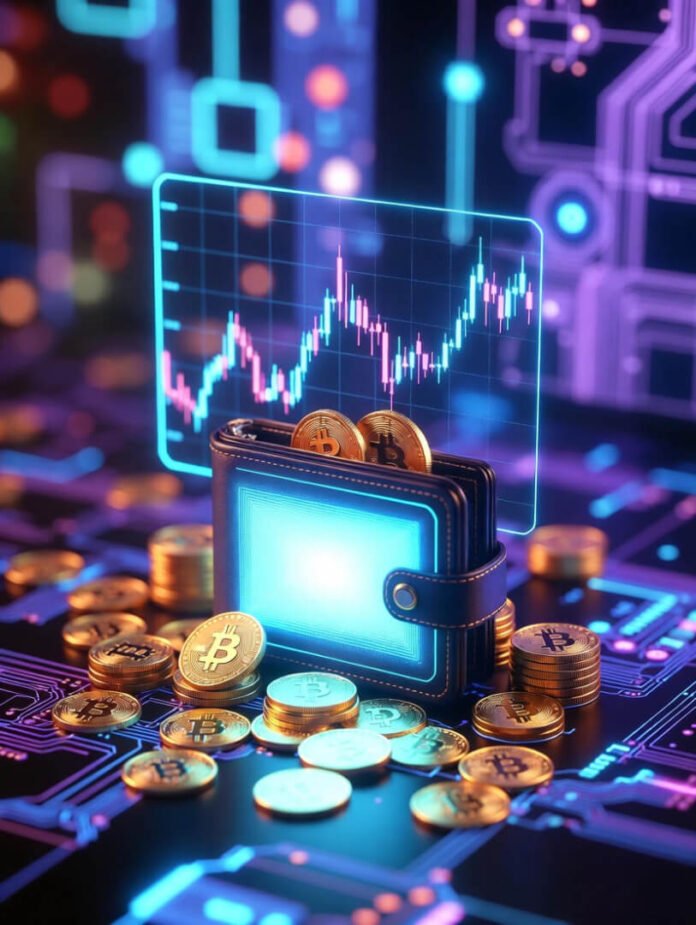 a glowing digital wallet overflowing with Bitcoin coins and a volatile holographic candlestick chart rising sharply in the background.