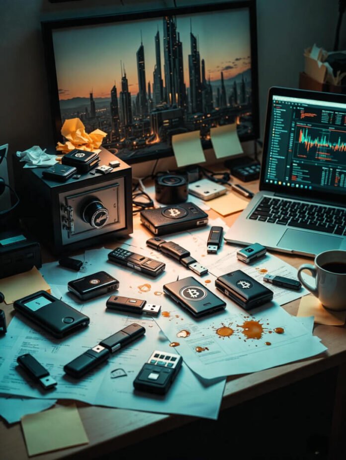 a futuristic blockchain city skyline with glowing digital locks, scattered hardware wallets on a desk foreground,