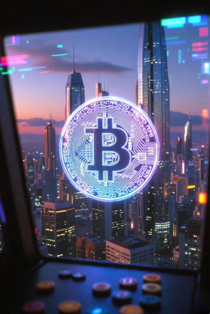 a towering futuristic skyscraper skyline at dusk, multiple glowing cryptocurrency coins (including Ethereum and Solana symbols) floating upward like rockets,