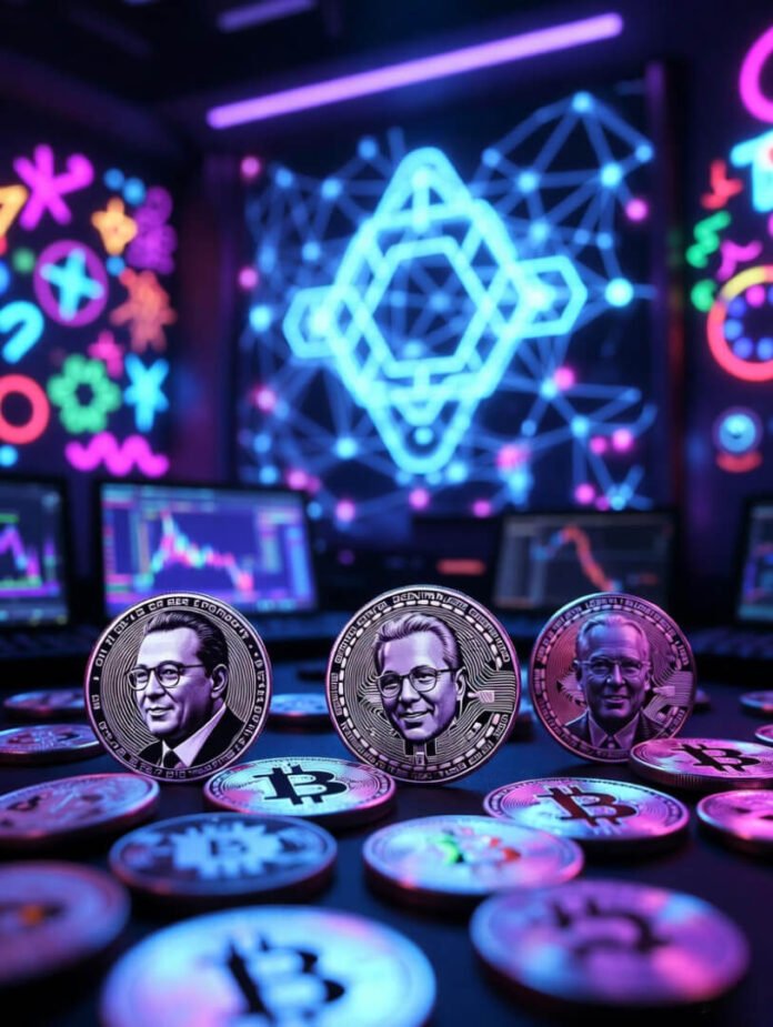scattered physical crypto coins featuring Bitcoin, Ethereum, and Solana logos; multiple glowing screens displaying price charts;
