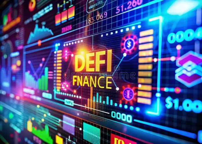 a futuristic digital grid with glowing nodes symbolizing lending pools, staking validators, and yield farming vaults;