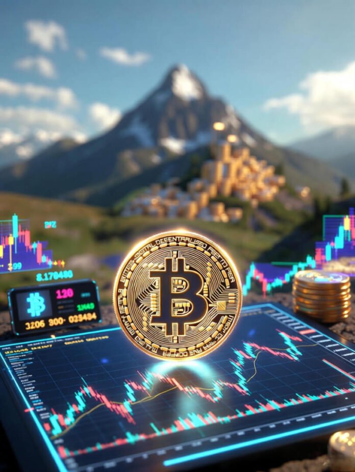 a massive glowing Bitcoin symbol emerging from a rugged mountain peak, a subtle long-term price chart overlay fading into the horizon,