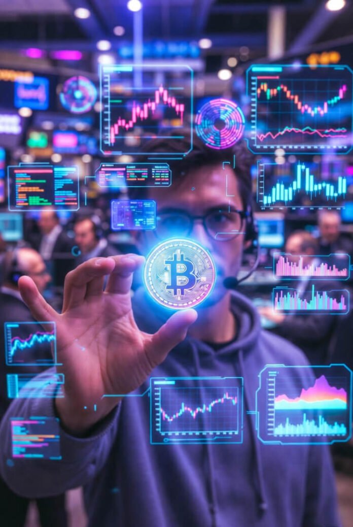 a holographic glowing Bitcoin hovering over a smartphone screen displaying real-time stock charts, chaotic yet organized digital payment icons swirling around.