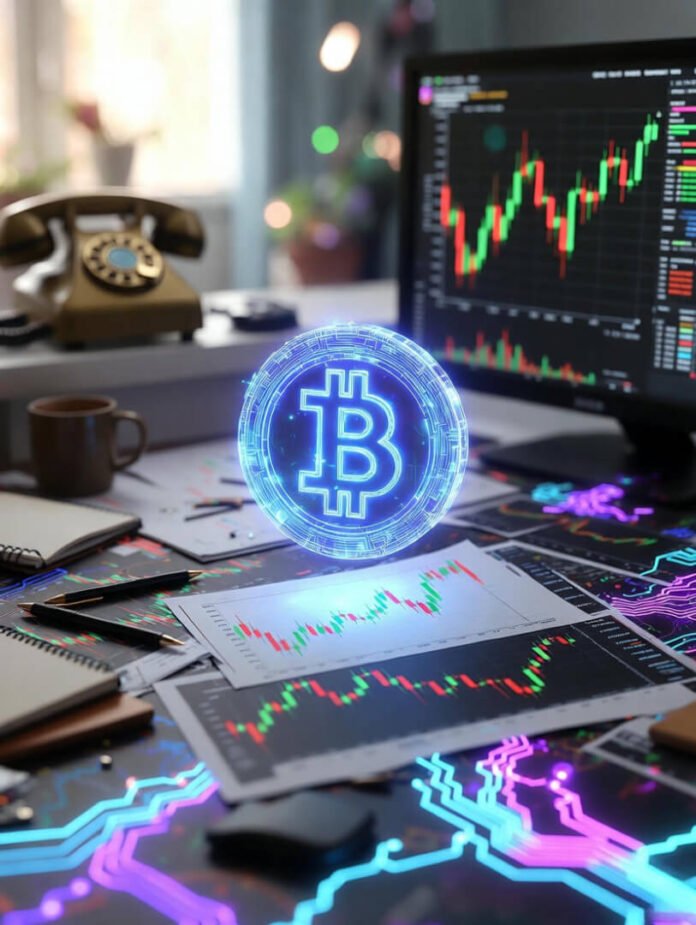 a glowing holographic crypto token hovering over scattered blockchain diagrams,