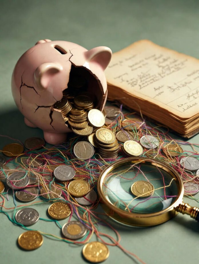 a cracked pink piggy bank spilling assorted coins onto an old ledger, a tangled ball of multicolored threads weaving through the coins,