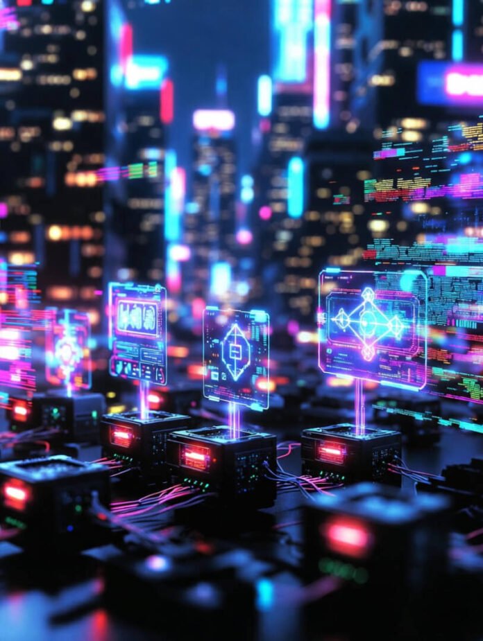 interconnected glowing blockchain nodes forming a dynamic grid, holographic DeFi liquidity flows pulsing across chains,