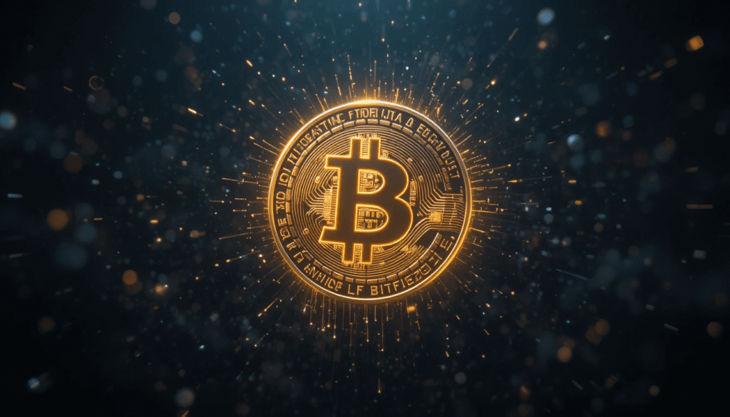 A stylized image of a glowing Bitcoin coin floating in a dark space