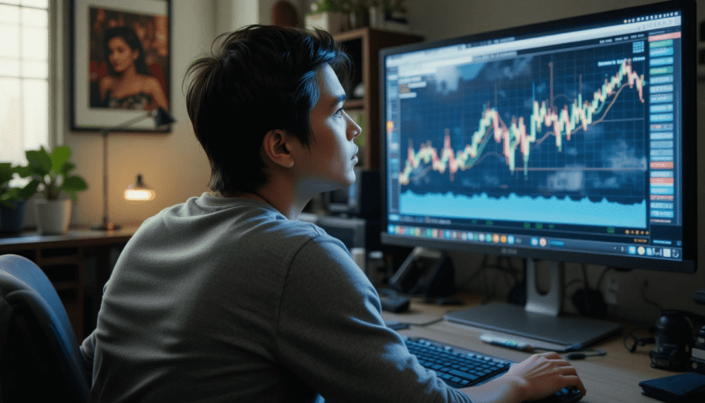 Person looking away while chart spikes on screen